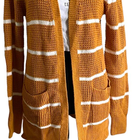 3/$15 Moondance Women's Mustard Yellow Stripes Fall Long Cardigan Sweater Small - Picture 5 of 11
